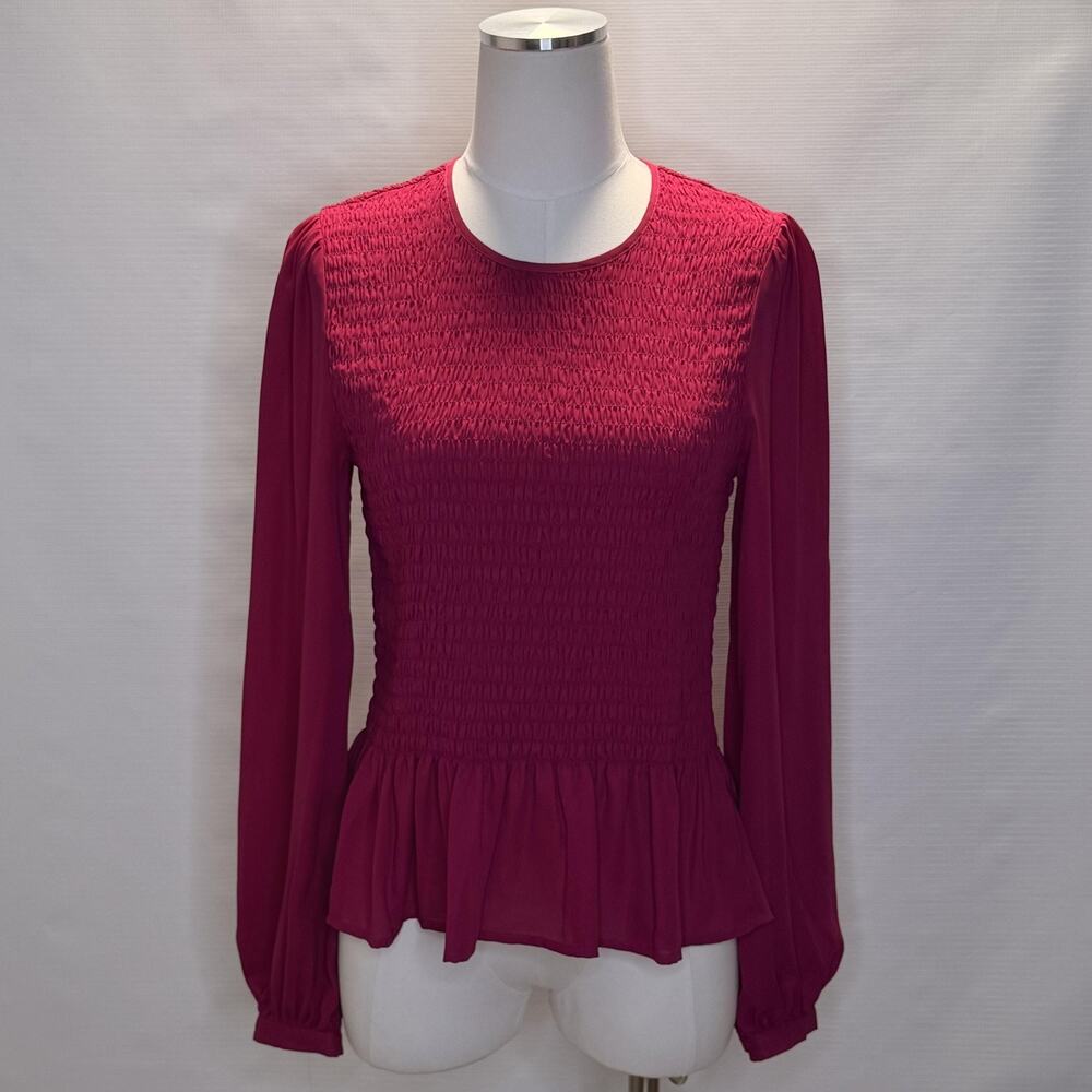Leyden Blouse Womens Large Magenta Smocked Peplum Balloon Sleeve Ruffle Top